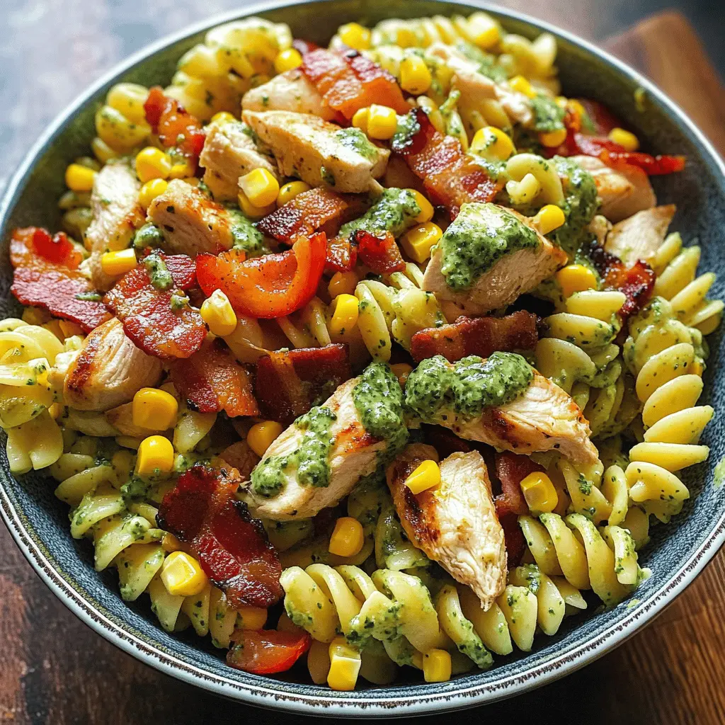This Chicken and Corn Pasta Salad is a delightful mix of tender chicken, sweet corn, crispy bacon, and colorful bell peppers, all tossed in a creamy pesto dressing. Perfect for picnics or quick weeknight dinners, it's a flavorful dish that everyone will enjoy. Save this recipe for a refreshing meal that brings everyone together!
