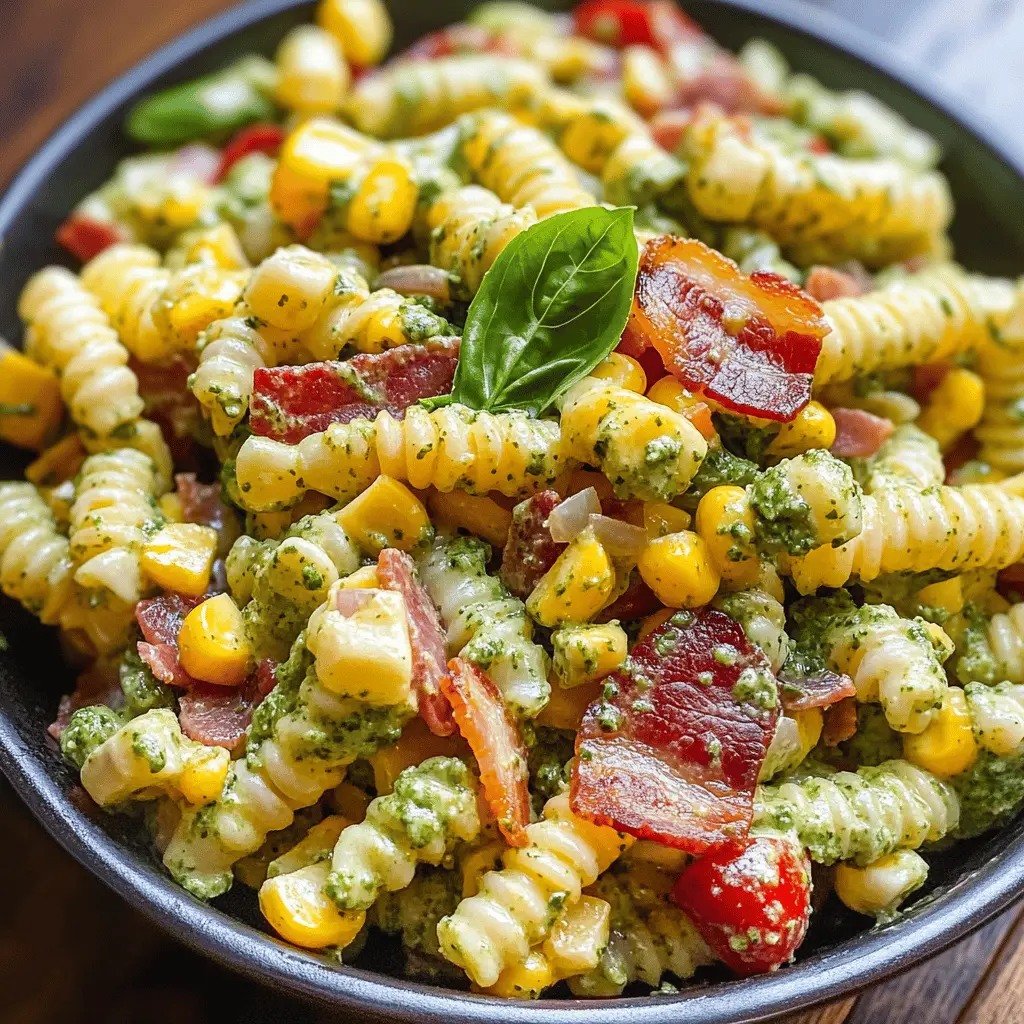 Brighten your plate with this Corn Pasta Salad featuring crispy bacon, crunchy bell peppers, and a creamy pesto dressing! Perfect for summer gatherings, this dish combines fresh flavors that everyone will love. Save this recipe for your next BBQ or picnic, and enjoy the delightful taste of seasonal ingredients in every bite!