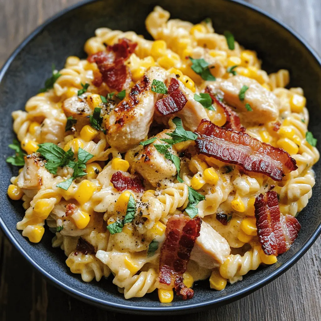 Treat yourself to a comforting bowl of creamy chicken and corn pasta with crispy bacon! This easy recipe combines tender chicken, sweet corn, and smoky bacon in a luscious sauce that brings all the flavors together. Perfect for weeknight dinners or casual gatherings, save this pin for a delicious meal that everyone will love!