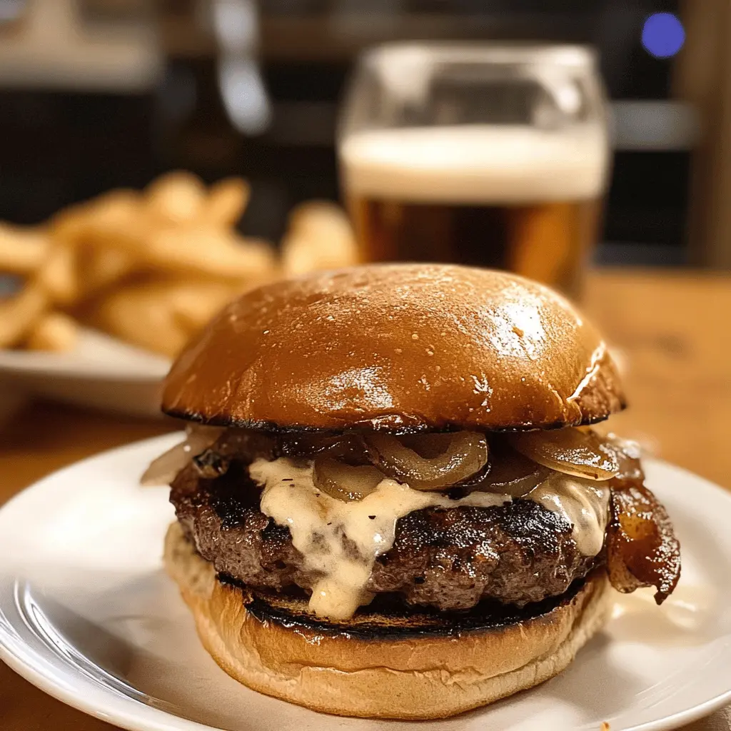 Get ready to treat yourself to a mouthwatering Irish Pub Burger! This hearty burger features juicy beef, topped with melty cheese, crispy bacon, and a tangy Guinness sauce for a unique flavor. Perfect for game day or a cozy night in, save this recipe for your next cooking adventure! Don't miss out on creating this pub-style favorite at home.