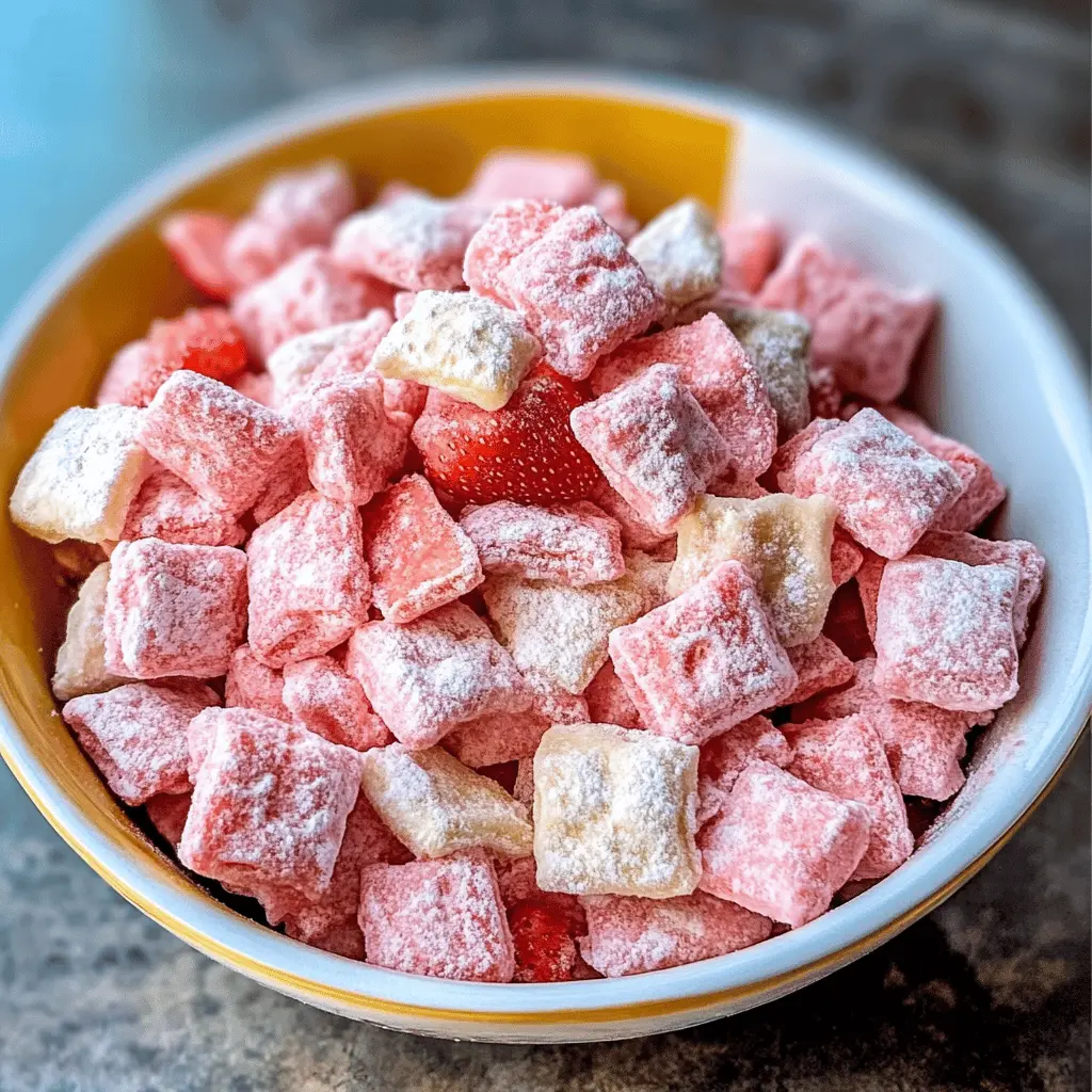 Treat yourself to a delightful batch of Fluffy Strawberry Shortcake Puppy Chow! This sweet snack mixes crunchy cereal with creamy peanut butter and real strawberry flavor, making it a perfect blend of textures and tastes. Ideal for parties, movie nights, or as a fun gift, don’t forget to save this recipe for your next gathering! Enjoy a taste of summer with every bite!