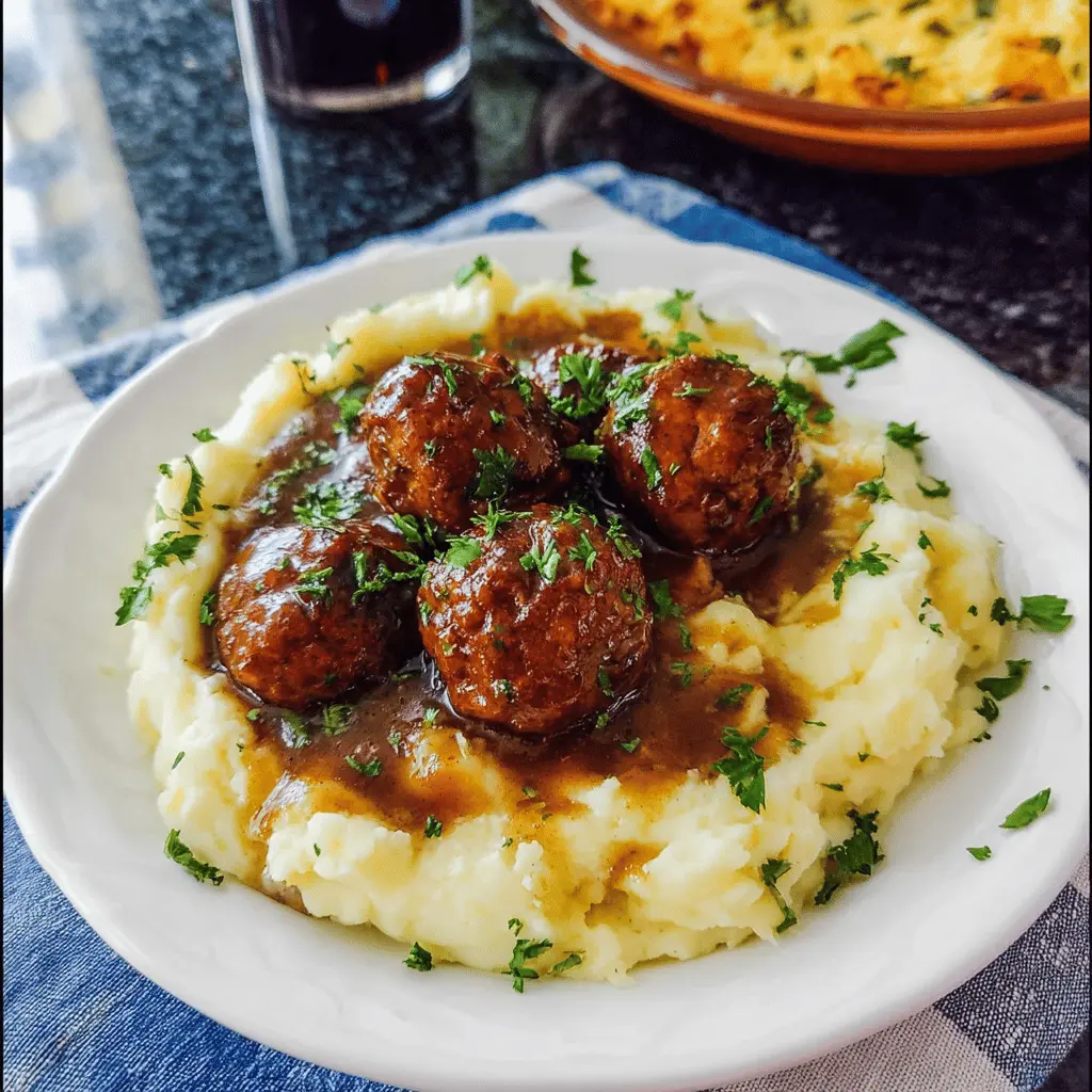 Classic Salisbury Meatballs with Creamy Mashed Potatoes