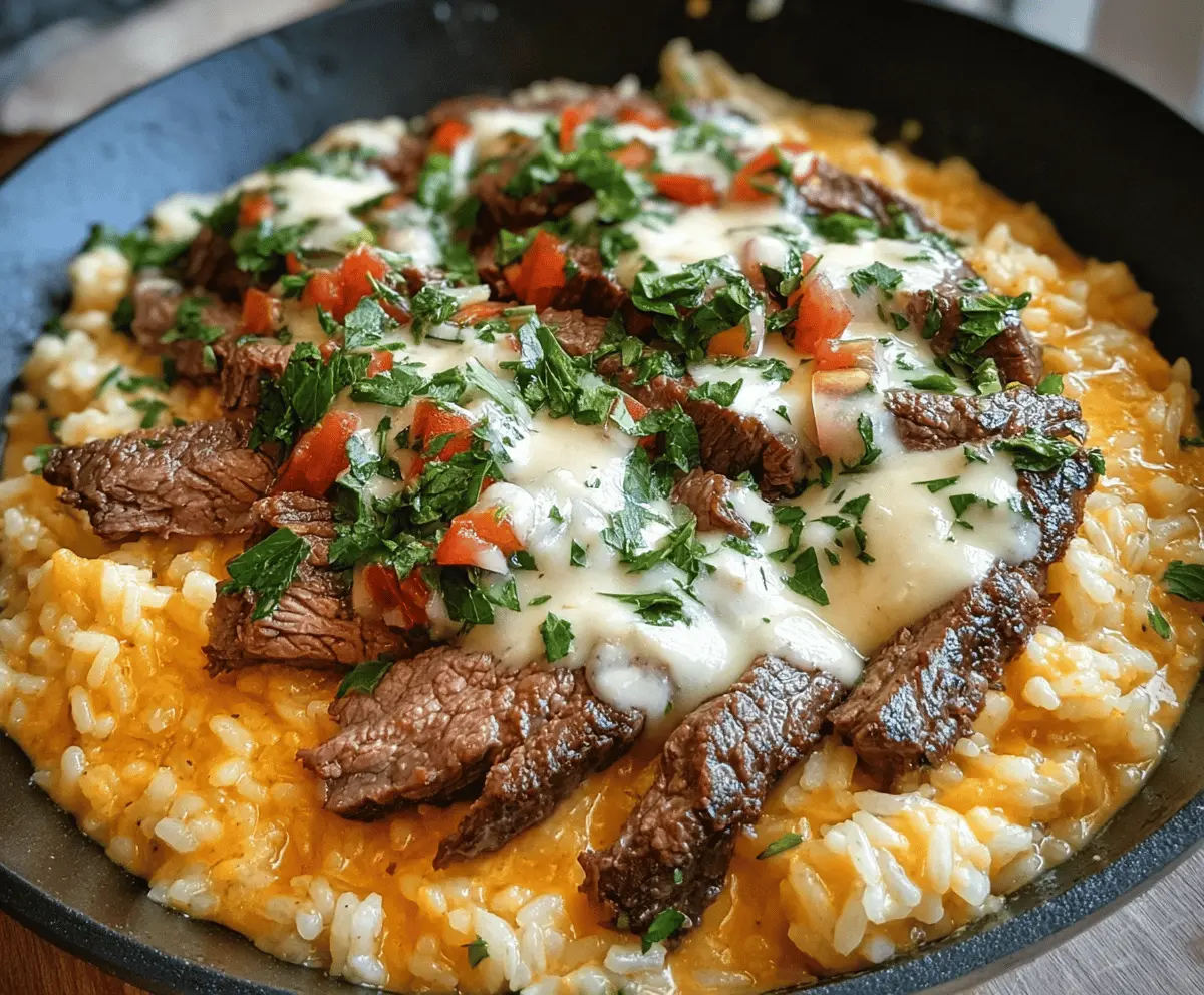 Creamy Queso Rice with Tender Steak Strips