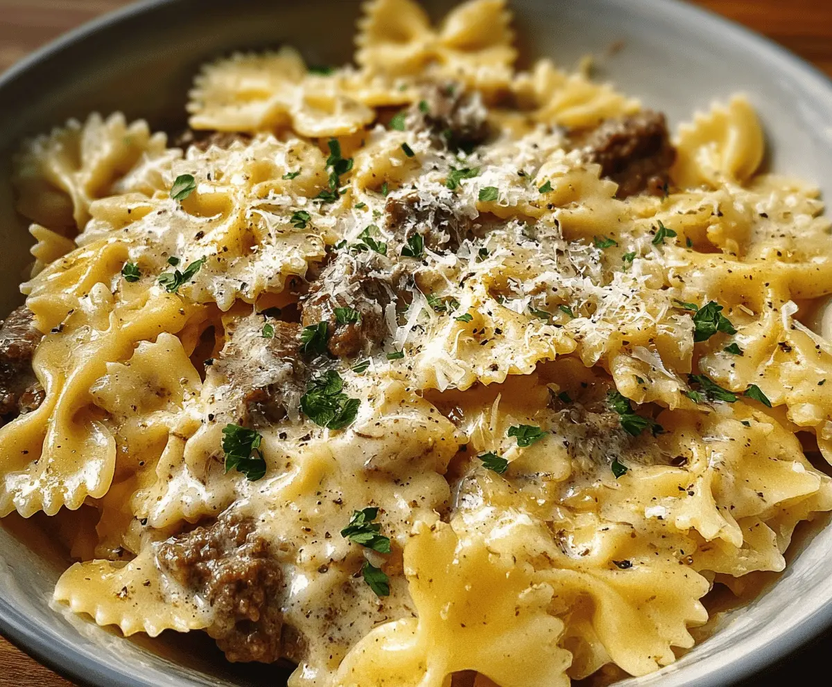 Creamy Garlic Parmesan Bowtie Pasta with Beef