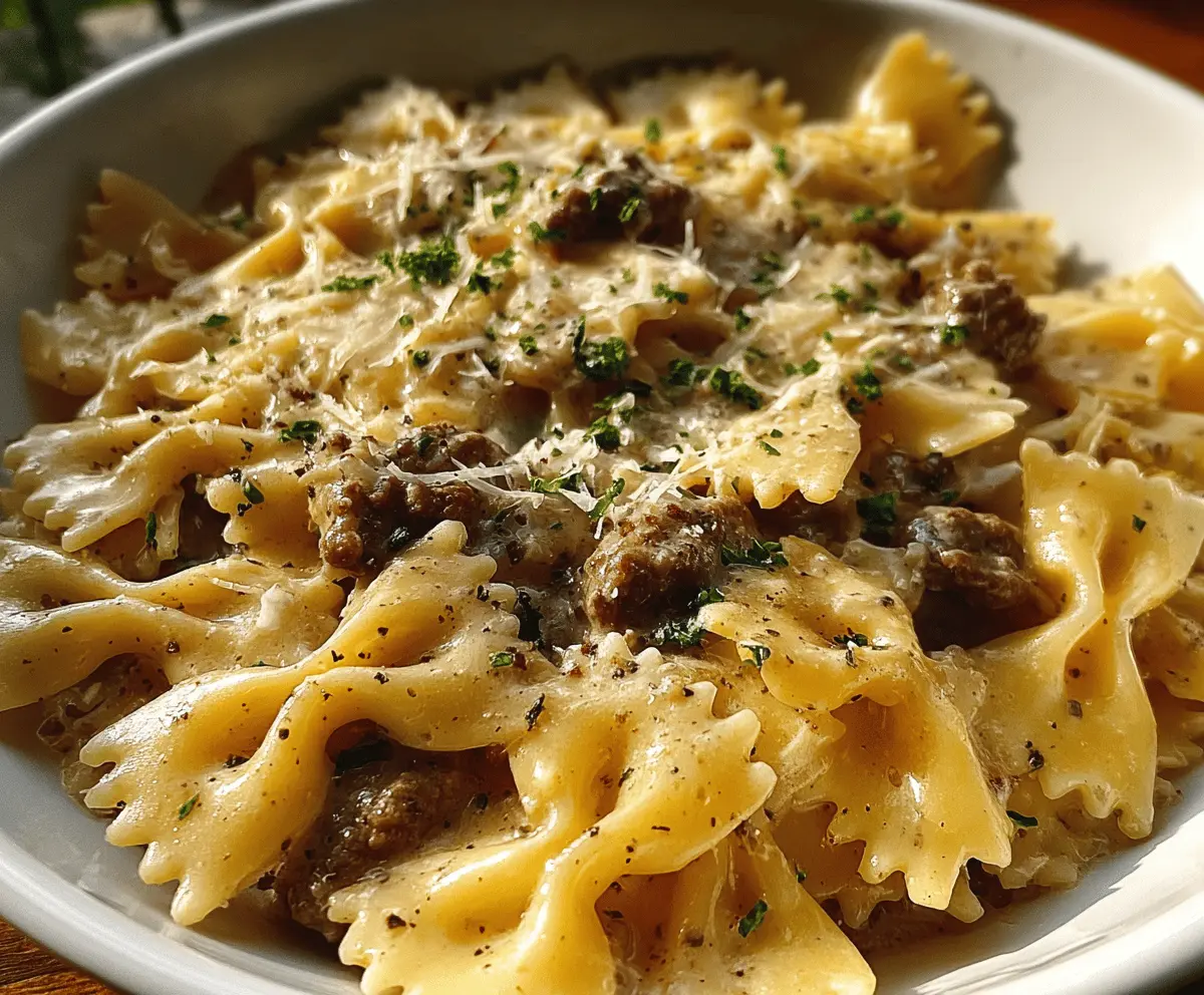 Creamy Garlic Parmesan Bowtie Pasta with Beef