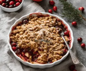 Delicious homemade Apple Cranberry Crisp topped with golden brown oats and warm cinnamon, ready to serve as a cozy fall dessert.
