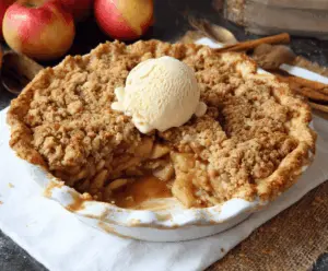 Delicious homemade apple crisp pie topped with golden brown crumble, perfect for fall desserts