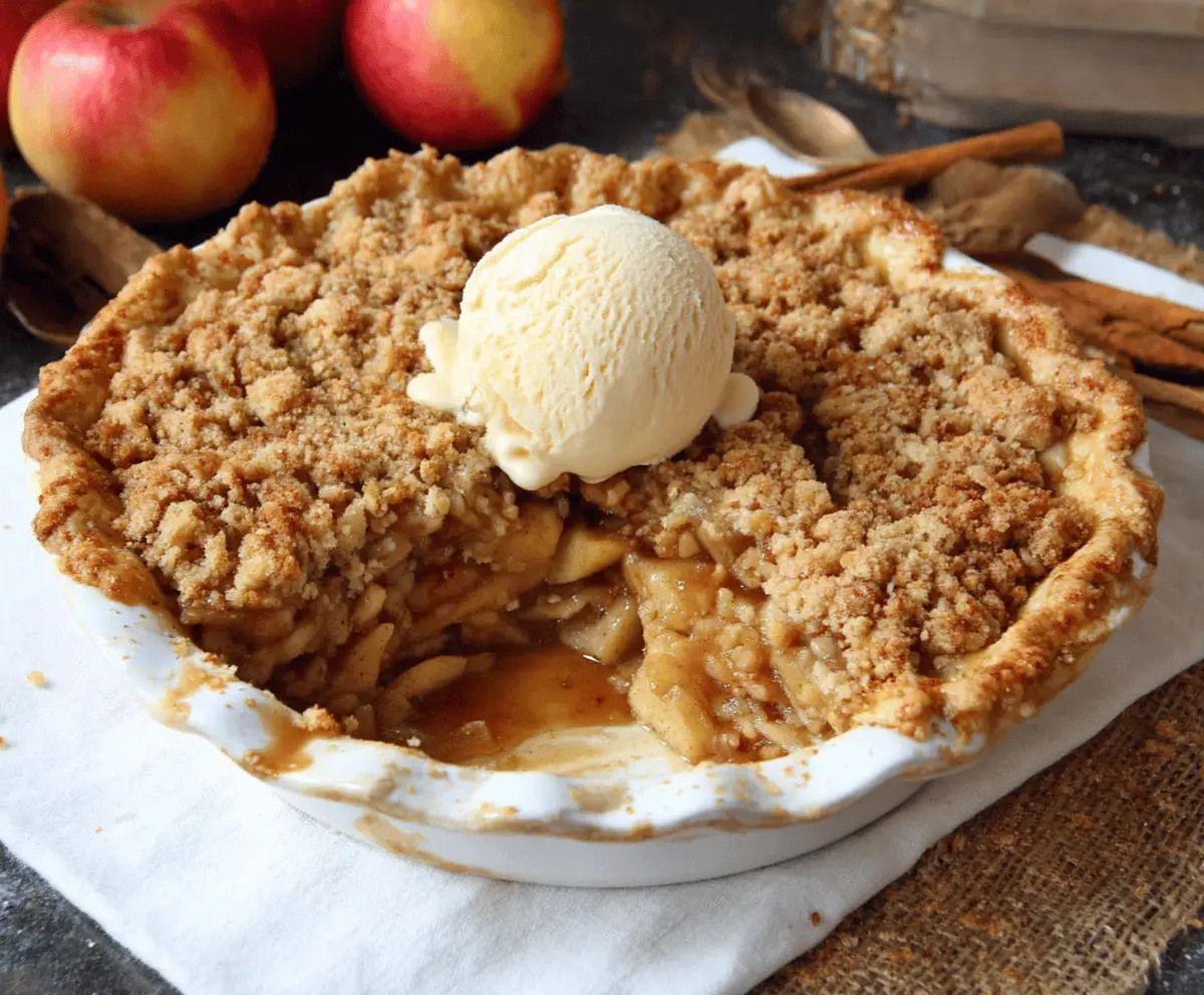 Delicious homemade apple crisp pie topped with golden brown crumble, perfect for fall desserts