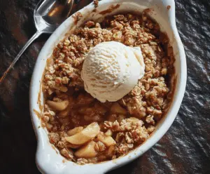 Delicious homemade Bourbon Apple Crisp topped with golden brown oats and cinnamon, served with a scoop of vanilla ice cream on a rustic plate.