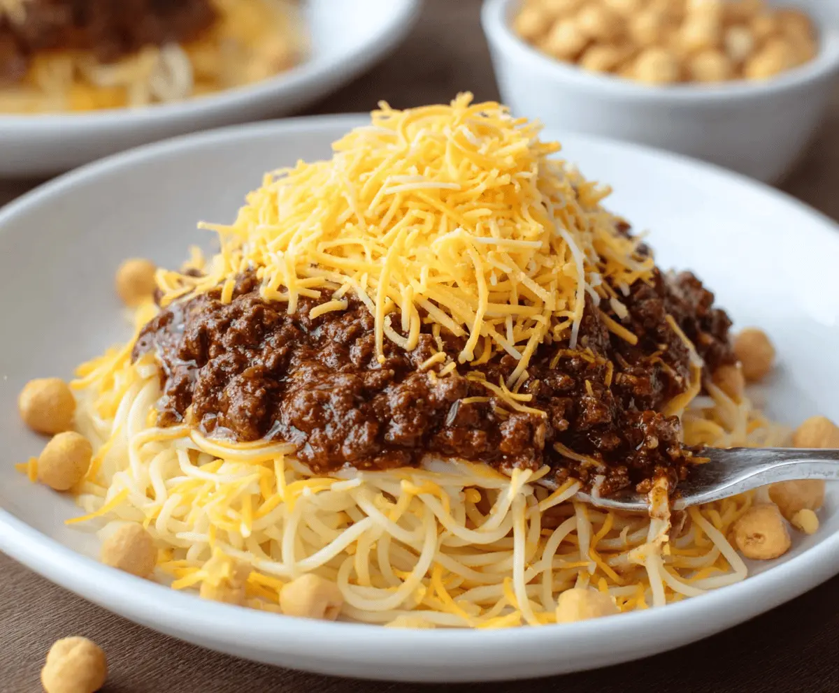 Delicious bowl of Cincinnati Chili topped with shredded cheese and onions, served with oyster crackers on a white plate