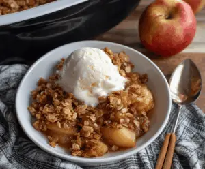 Delicious homemade crockpot apple crisp topped with golden brown crust and fresh apple slices, ready to serve.