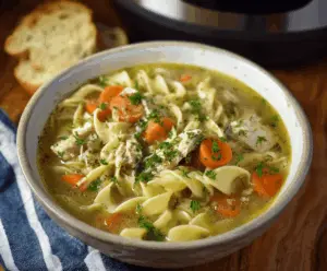 Creamy and hearty crockpot chicken noodle soup with tender shredded chicken, vegetables, and noodles in a flavorful broth