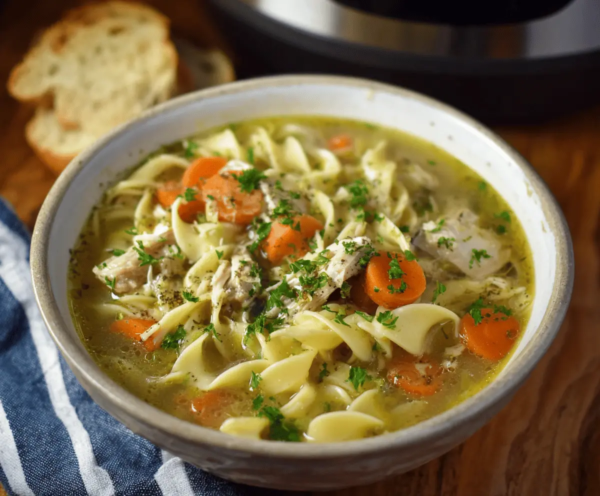 Creamy and hearty crockpot chicken noodle soup with tender shredded chicken, vegetables, and noodles in a flavorful broth