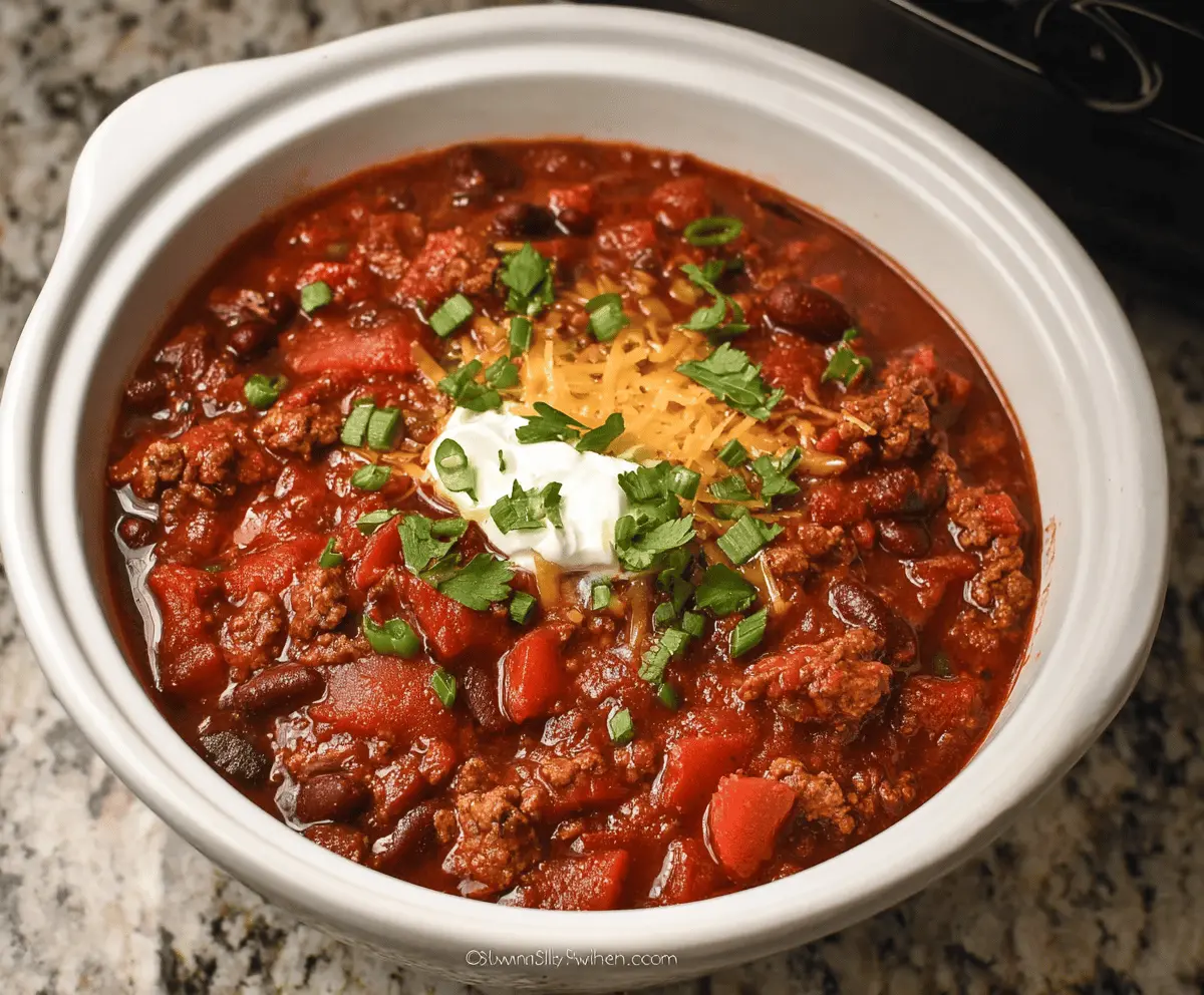 Delicious homemade Crockpot Chili with beans, ground beef, and spices served in a bowl