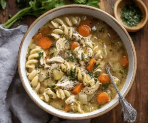A steaming bowl of garlic herb chicken noodle soup with tender chicken, fresh herbs, vegetables, and noodles in a flavorful broth, perfect for comforting meals.