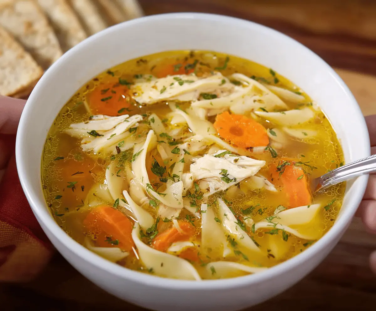 A comforting bowl of homemade Grandma’s Chicken Noodle Soup with tender chicken, colorful vegetables, and noodles in a clear broth, perfect for a cozy meal.