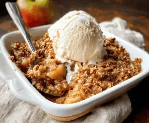Delicious Paleo Apple Crisp topped with cinnamon and walnuts, served in a rustic ceramic dish, perfect for a healthy dessert