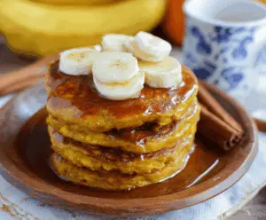 Delicious pumpkin banana pancakes topped with maple syrup and fresh fruit, perfect for a cozy breakfast