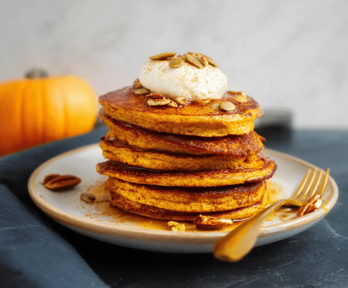Delicious homemade pumpkin protein pancakes topped with syrup and fresh berries, perfect for a healthy breakfast