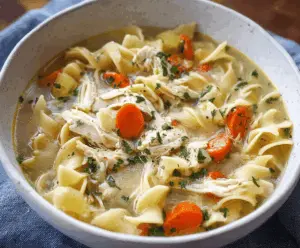 A steaming bowl of homemade slow cooker chicken noodle soup garnished with fresh herbs and vegetables, perfect for a comforting meal.