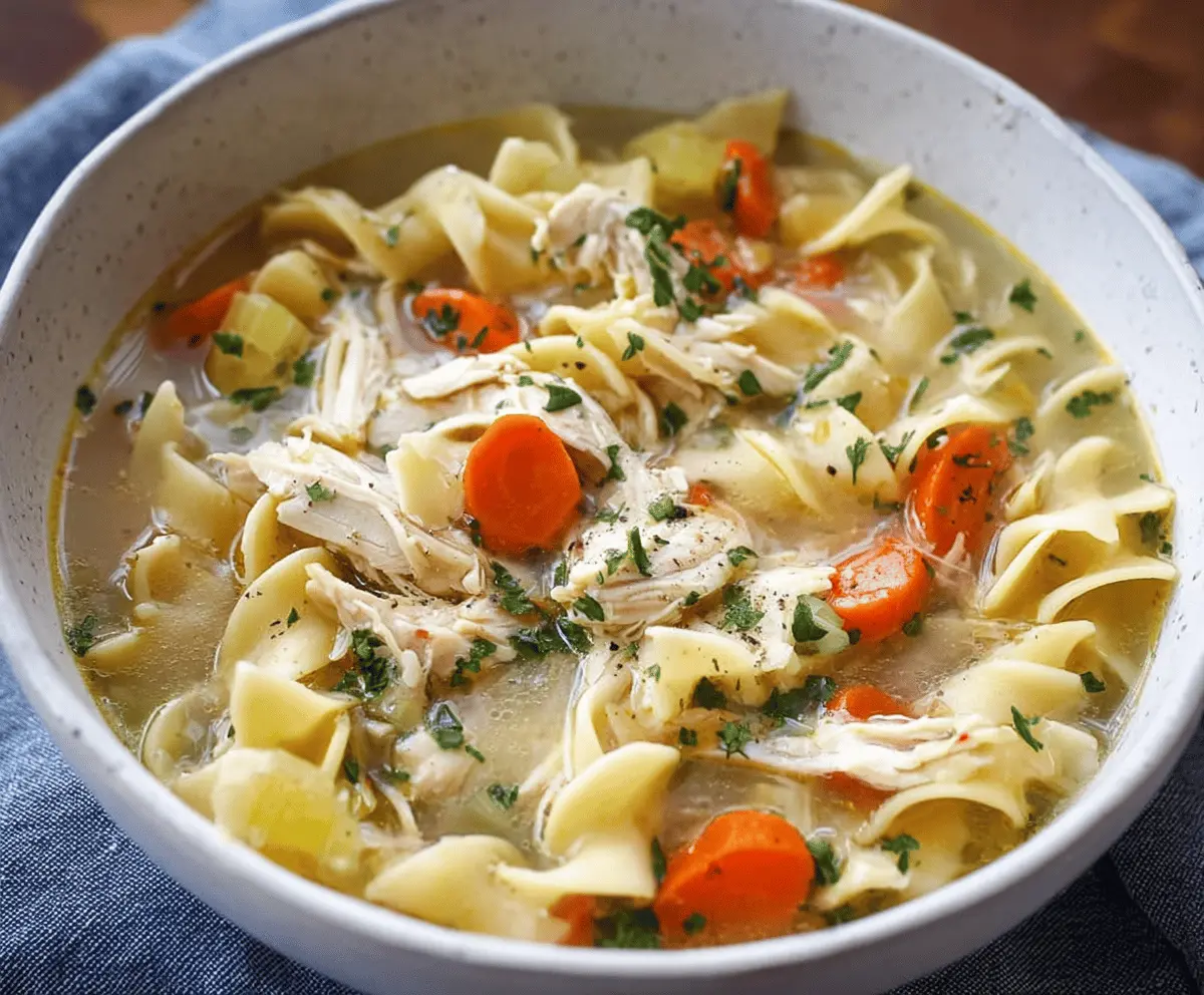 A steaming bowl of homemade slow cooker chicken noodle soup garnished with fresh herbs and vegetables, perfect for a comforting meal.