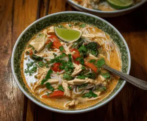 A steaming bowl of Thai Chicken Noodle Soup garnished with fresh herbs, vegetables, and lime slices, showcasing vibrant flavors and colorful ingredients.