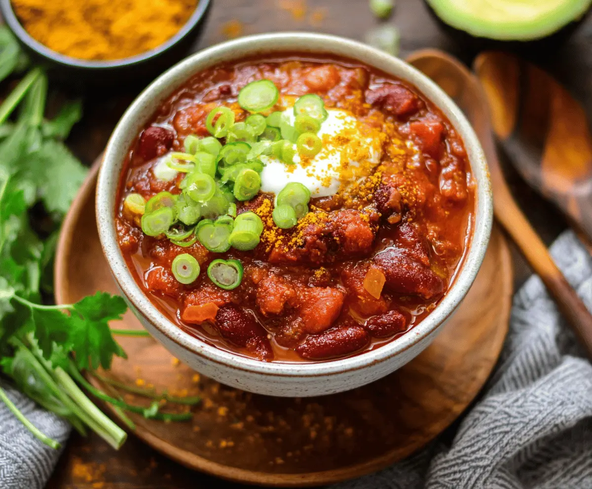Colorful vegan chili with beans, vegetables, and spices in a bowl, perfect for a hearty plant-based meal.