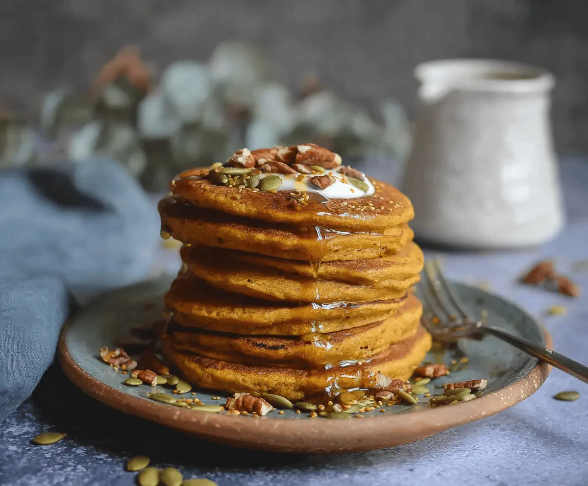 Fluffy vegan pumpkin pancakes topped with maple syrup and fresh cinnamon, served with sliced bananas and walnuts on a rustic plate.