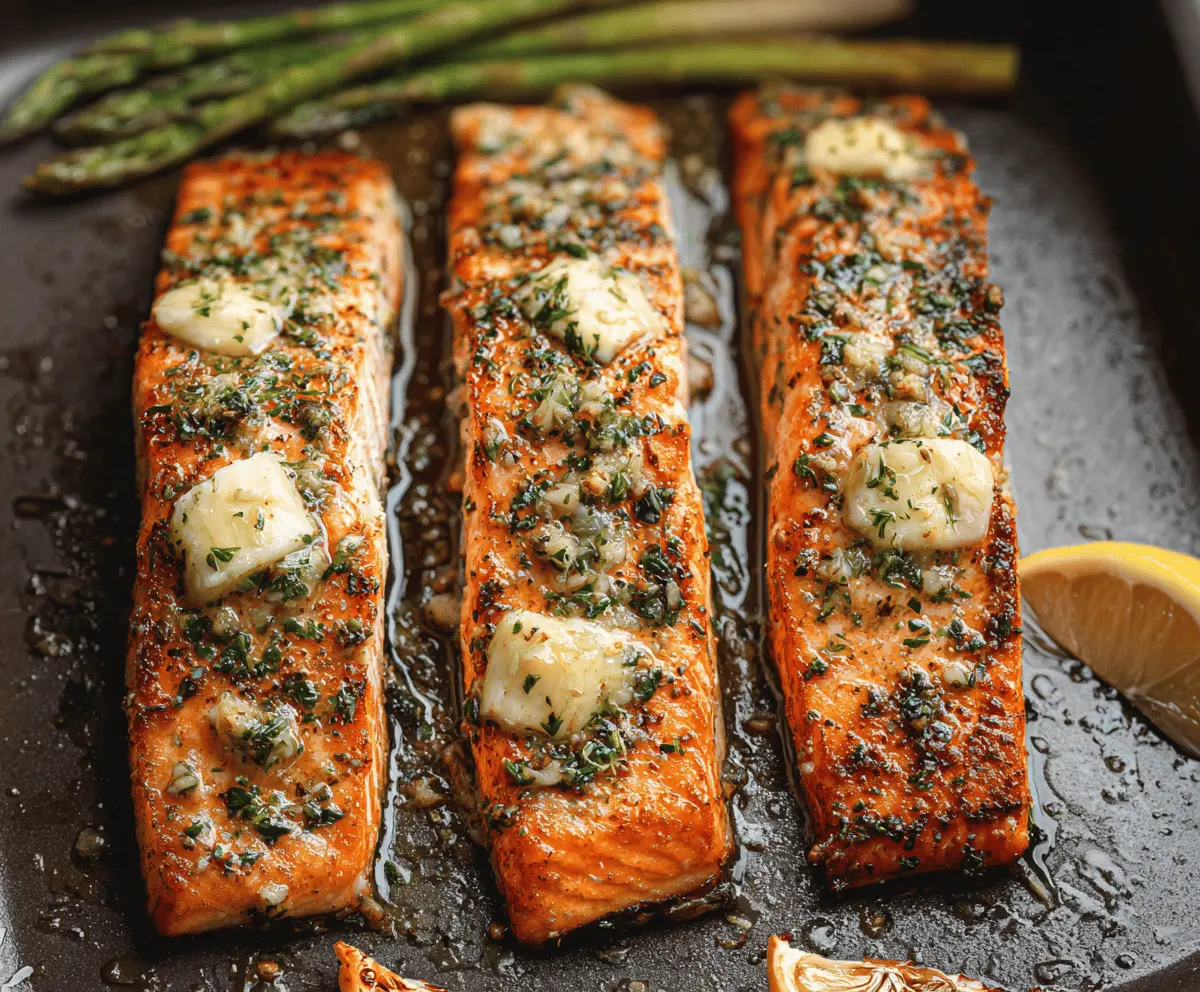 Delicious air fryer garlic butter salmon fillet garnished with fresh herbs on a white plate, showcasing a crispy exterior and tender interior.