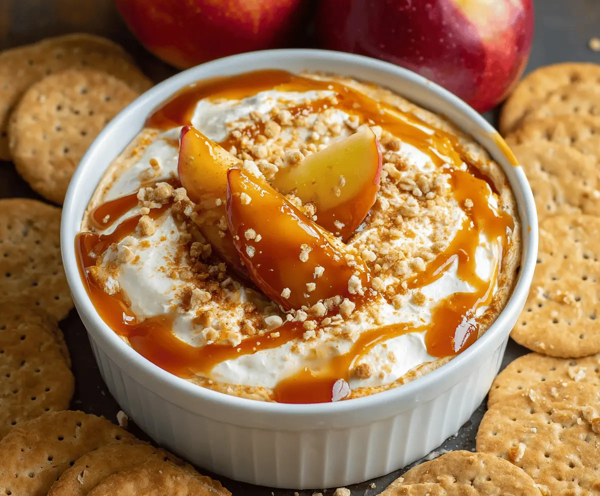 Creamy apple cheesecake dip topped with caramel drizzle, perfect for dessert or snack.