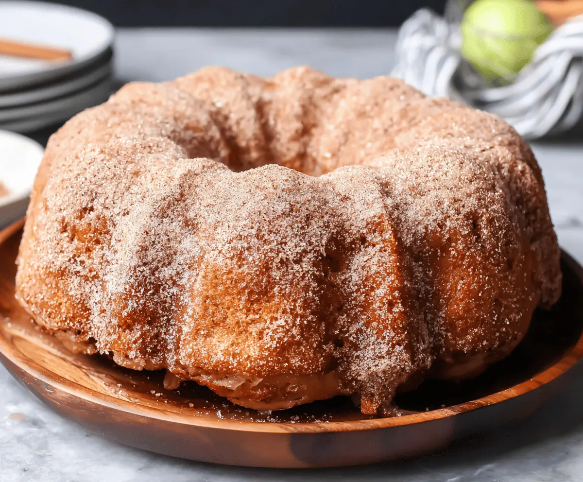 Delicious apple cider donut bundt cake topped with cinnamon sugar, perfect for fall desserts and celebrations