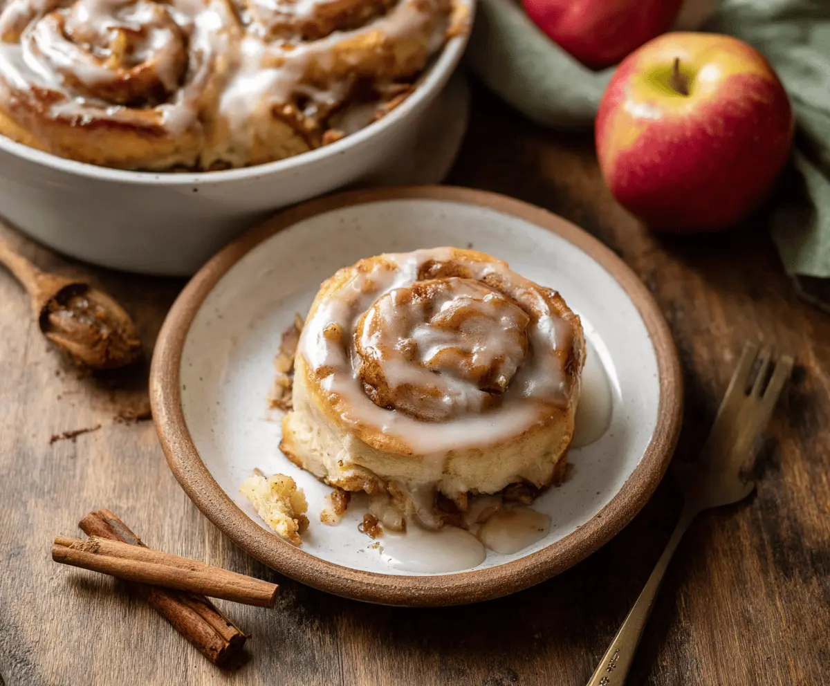 Delicious homemade apple cinnamon rolls topped with icing, featuring a golden-brown flaky pastry filled with sweet apple and cinnamon filling, perfect for breakfast or dessert