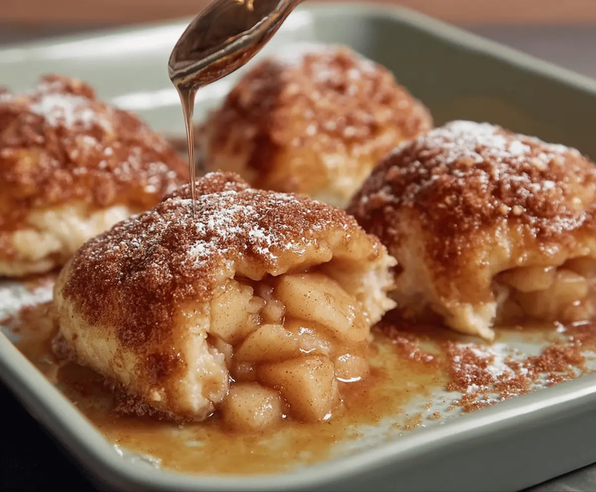 Delicious homemade apple dumplings with golden crust and cinnamon filling served on a plate