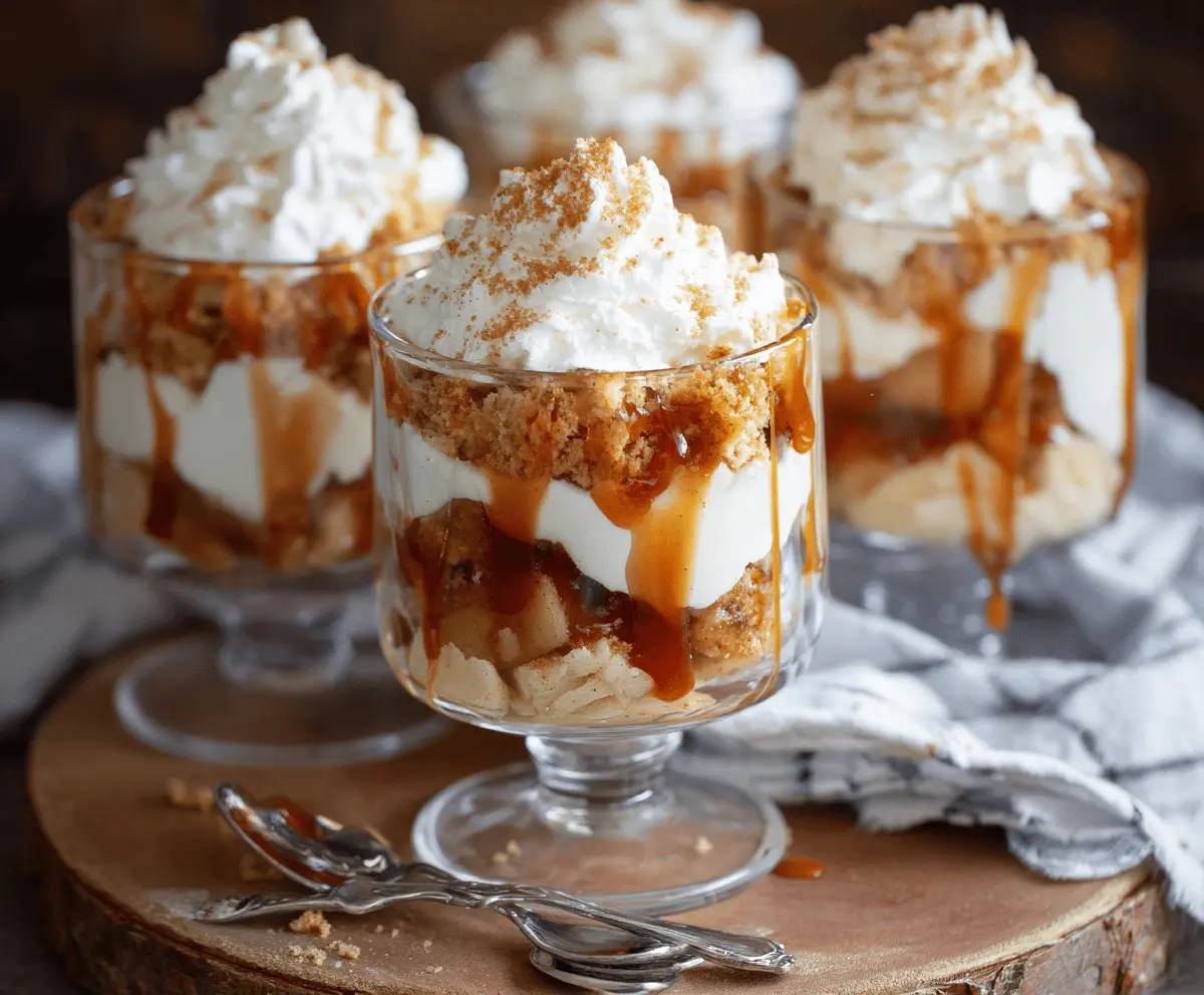 Delicious layered apple pie trifle with whipped cream and cinnamon, featuring fresh apple slices and crumb topping in a clear glass dessert bowl.