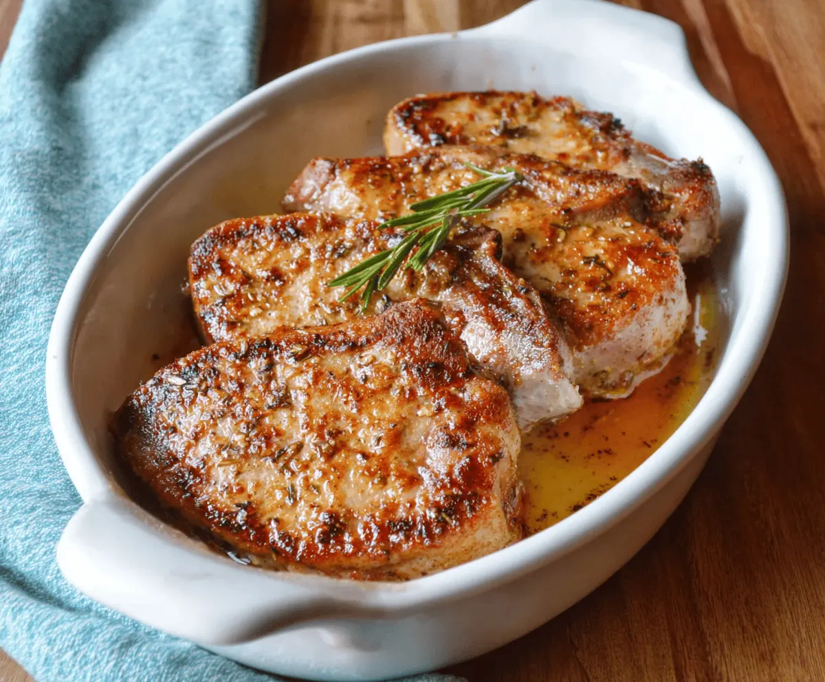 Juicy baked pork chops seasoned with herbs and spices, served with roasted vegetables on a plate