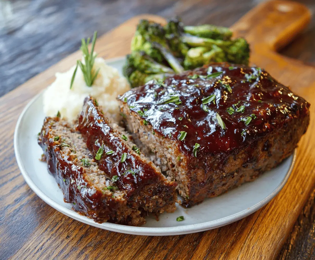 Delicious Balsamic Glazed Meatloaf topped with fresh herbs on a rustic plate, ready to serve.
