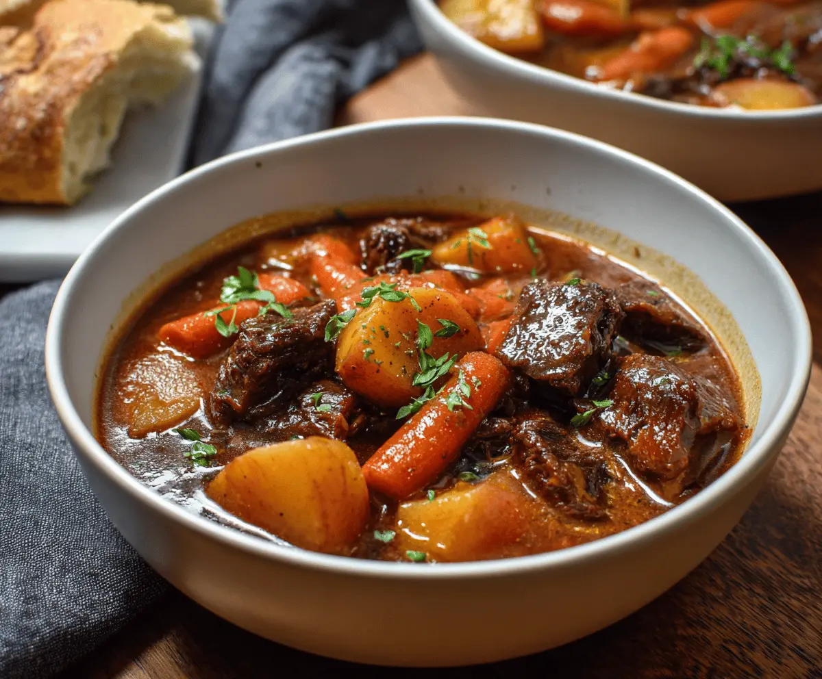 Hearty beef stew with tender carrots and potatoes in a flavorful broth