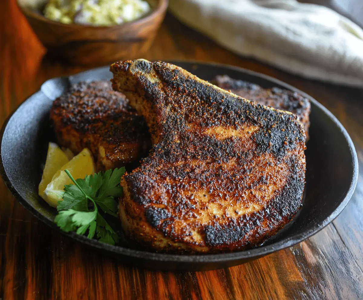 Juicy blackened pork chops seasoned with spices and grilled to perfection on a plate ready to serve.