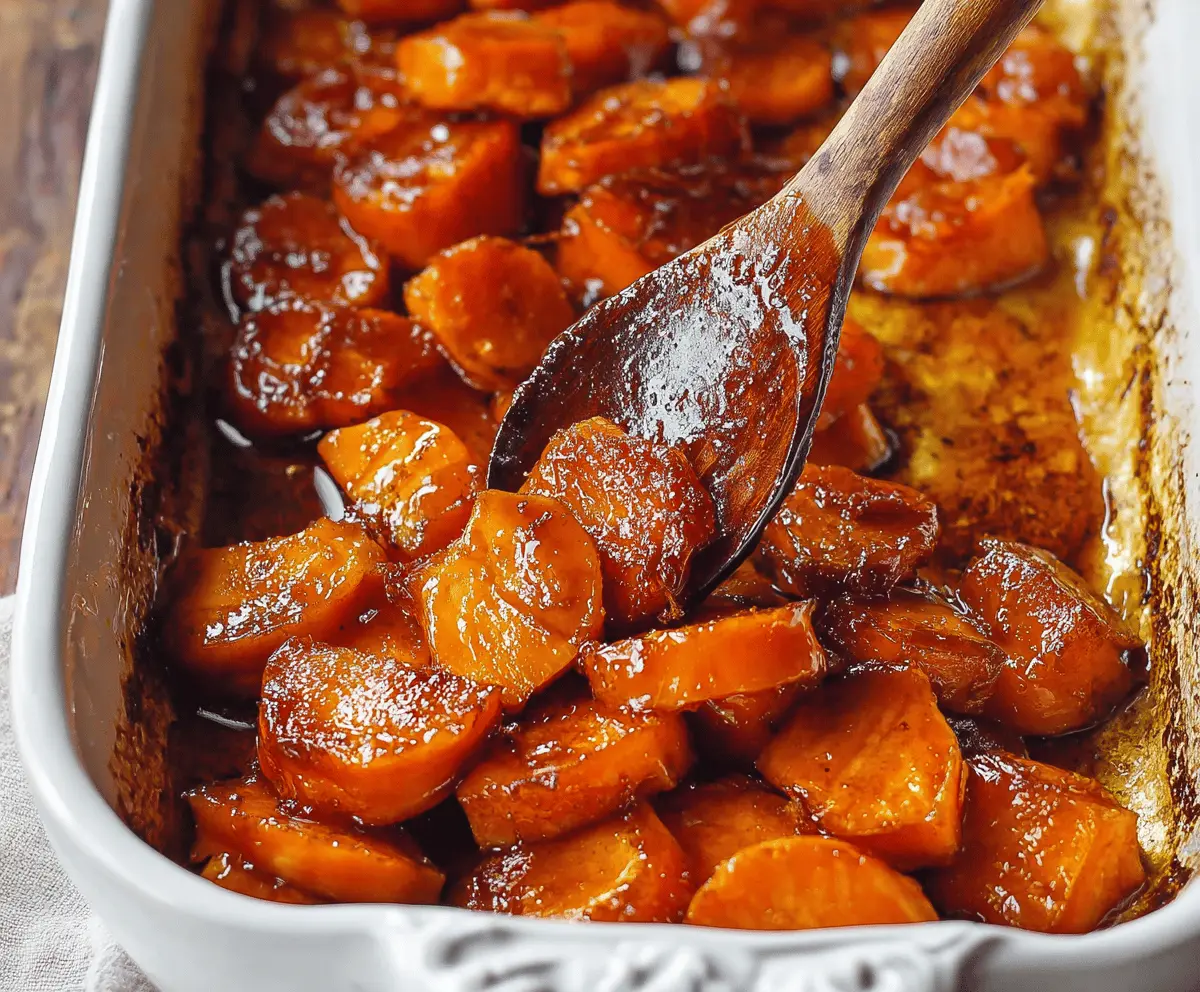 Sweet and savory brown sugar candied yams served in a bowl, topped with marshmallows and a sprig of fresh herbs for a delicious holiday side dish.