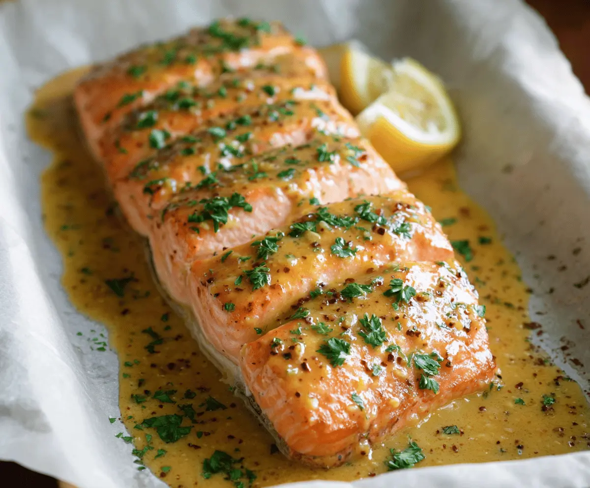 Golden baked salmon topped with butter, honey, and mustard, garnished with fresh herbs for a delicious oven-roasted honey mustard salmon dish.