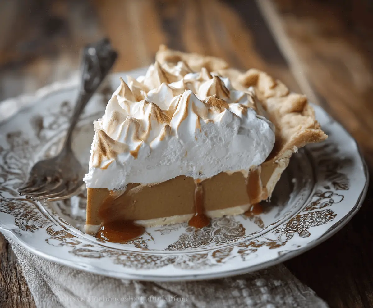 Delicious homemade butterscotch pie topped with whipped cream and caramel sauce on a rustic plate