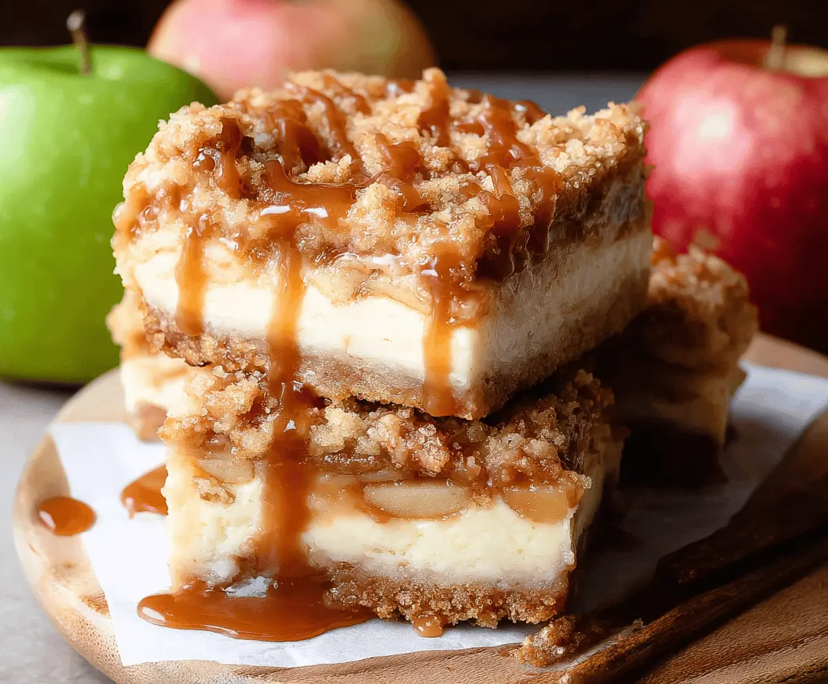 Delicious caramel apple cheesecake bars topped with caramel drizzle and apple slices, perfect for fall desserts