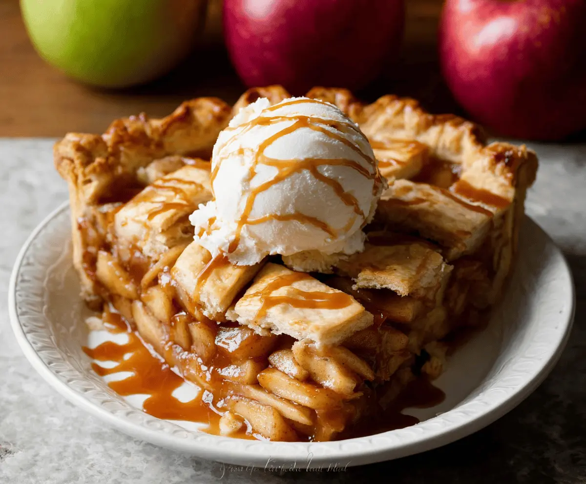 Delicious caramel apple pie topped with golden crust and caramel drizzle, ready to serve as a warm dessert