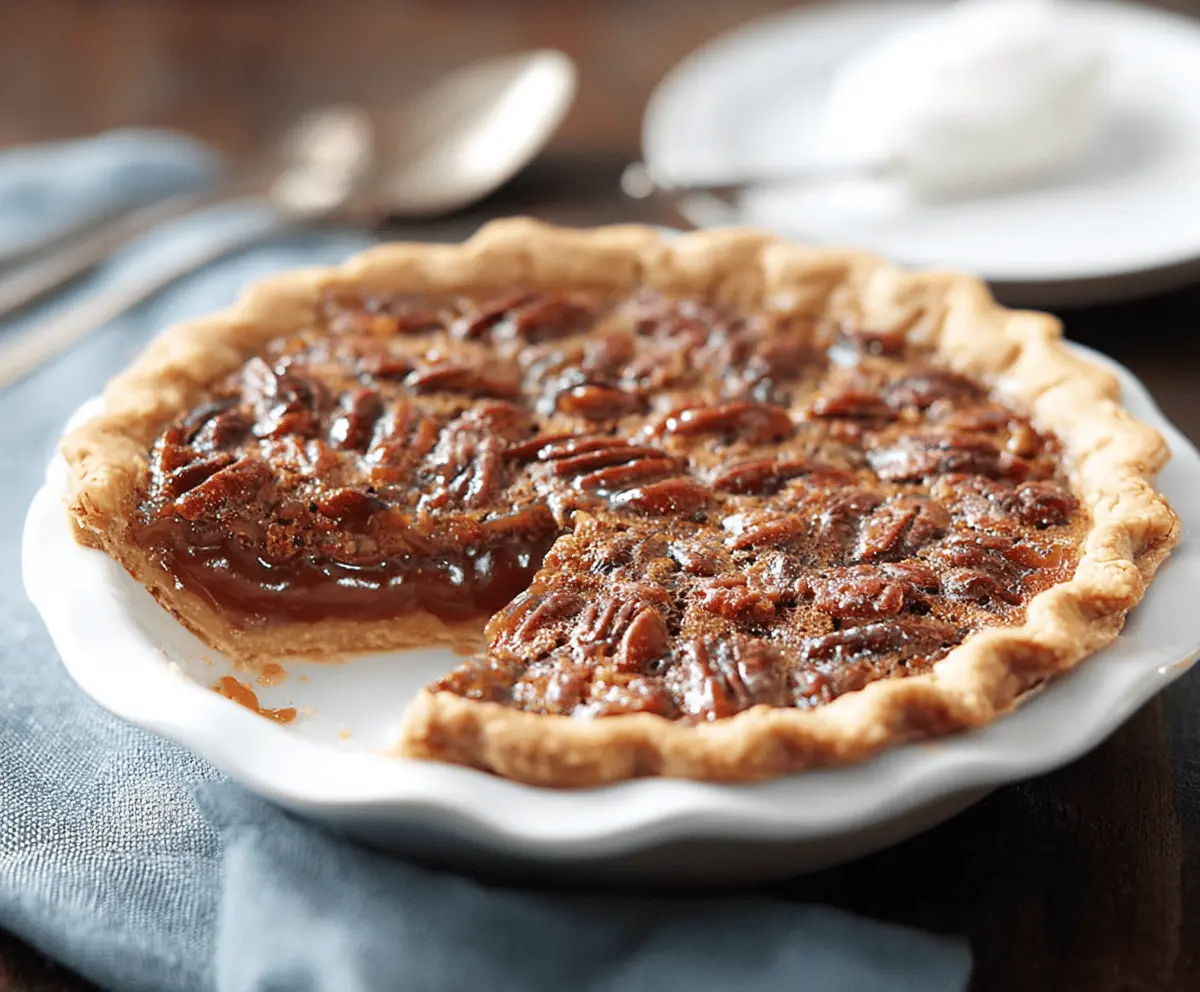 Delicious caramel pecan pie topped with toasted pecans and a golden crust, perfect for dessert or special occasions.