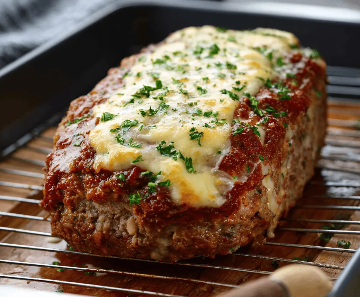Delicious cheddar-stuffed meatloaf fresh out of the oven, showcasing melted cheese inside a perfectly cooked meatloaf.