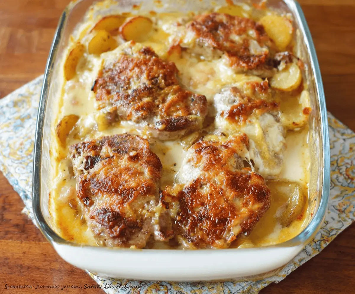 Delicious cheesy pork chop potato casserole with melted cheese, crispy pork chops, and golden roasted potatoes in a baking dish