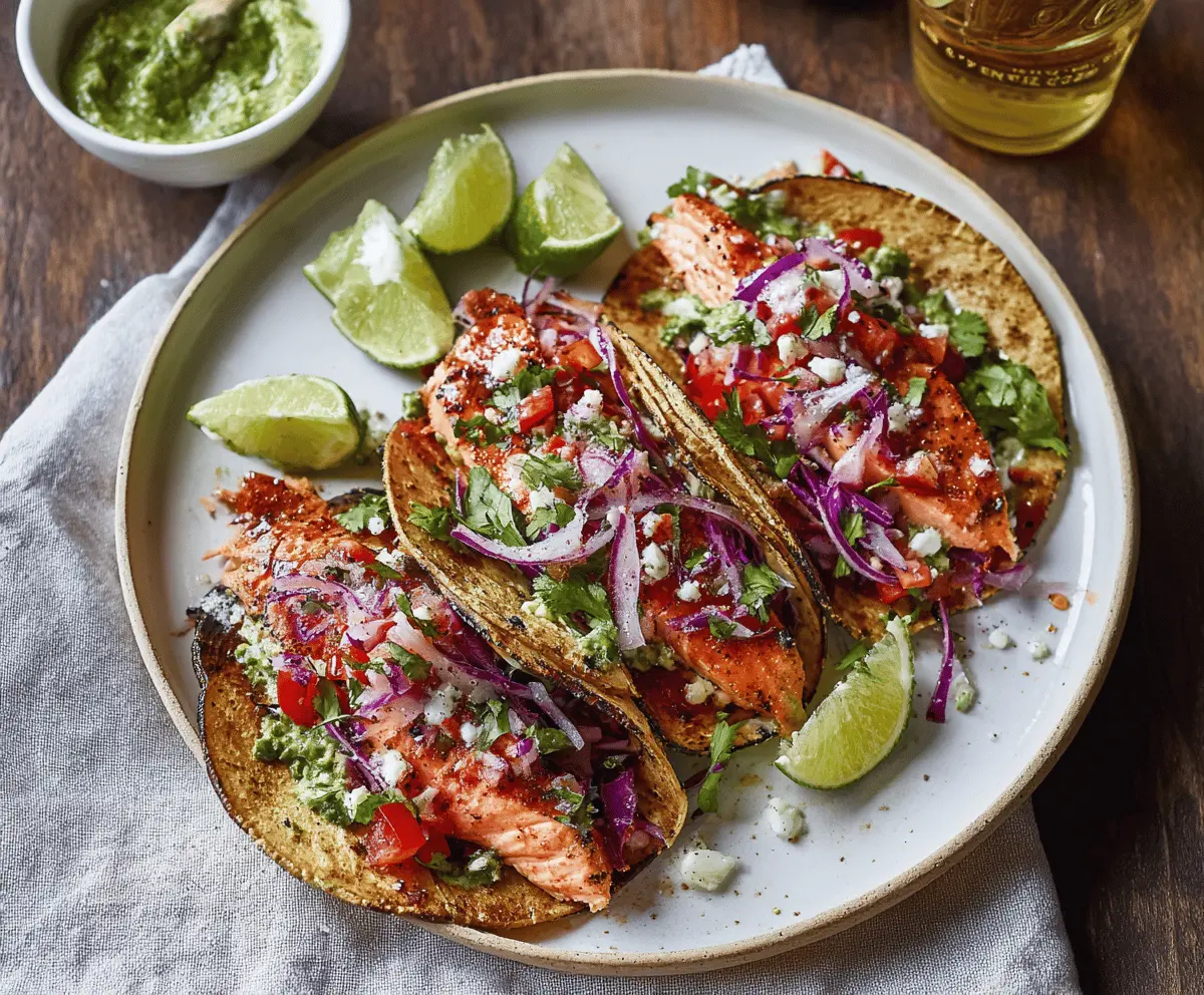 Delicious Chile Lime Salmon Tacos topped with fresh cilantro and lime wedges on a plate, perfect for a flavorful seafood meal.