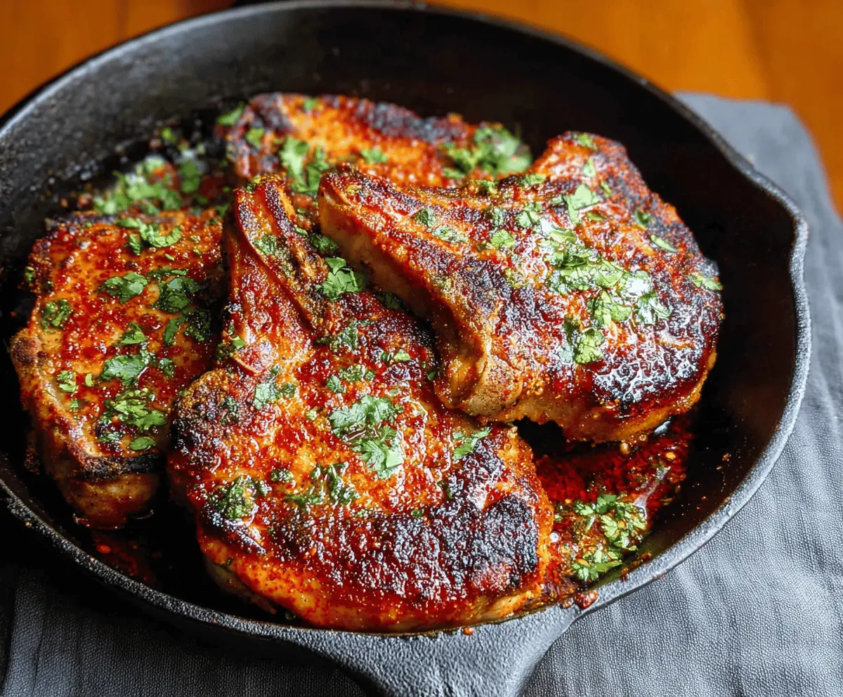 Juicy chipotle pork chops served with grilled vegetables on a rustic platter.