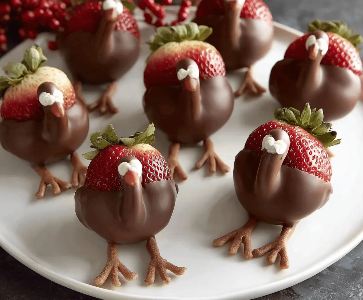 Delicious chocolate-covered strawberries shaped like cute turkeys, perfect for Thanksgiving treats and holiday desserts