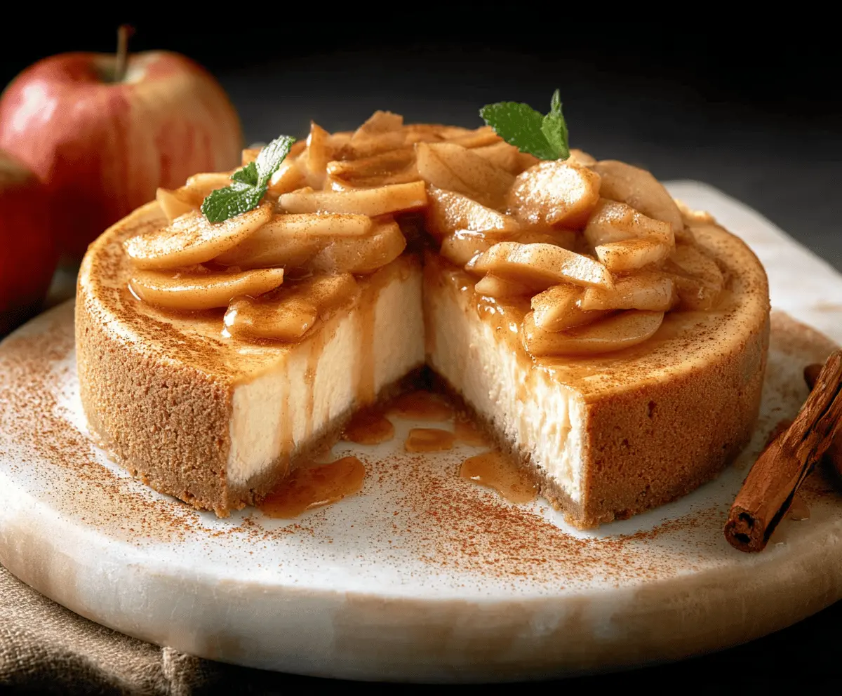 Creamy cinnamon apple cheesecake topped with fresh apple slices and a cinnamon dusting, served on a decorative plate.
